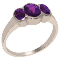 Solid 14k White Gold Natural Amethyst Womens Trilogy Ring - Customizable
