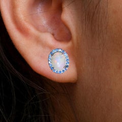 Solid 14k White Gold Natural Blue Sapphire Opal Gemstone Studs Earring Jewelry