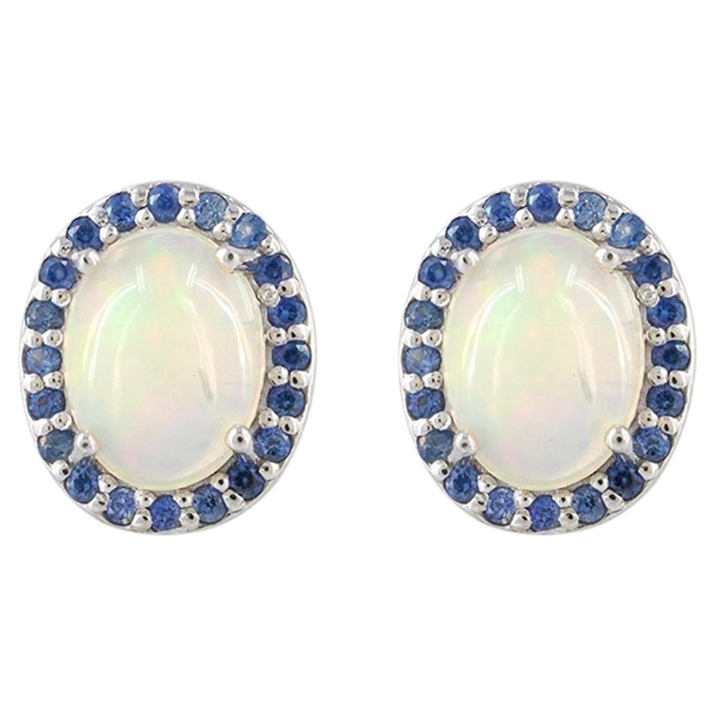 Solid 14k White Gold Natural Blue Sapphire Opal Gemstone Studs Earring Jewelry