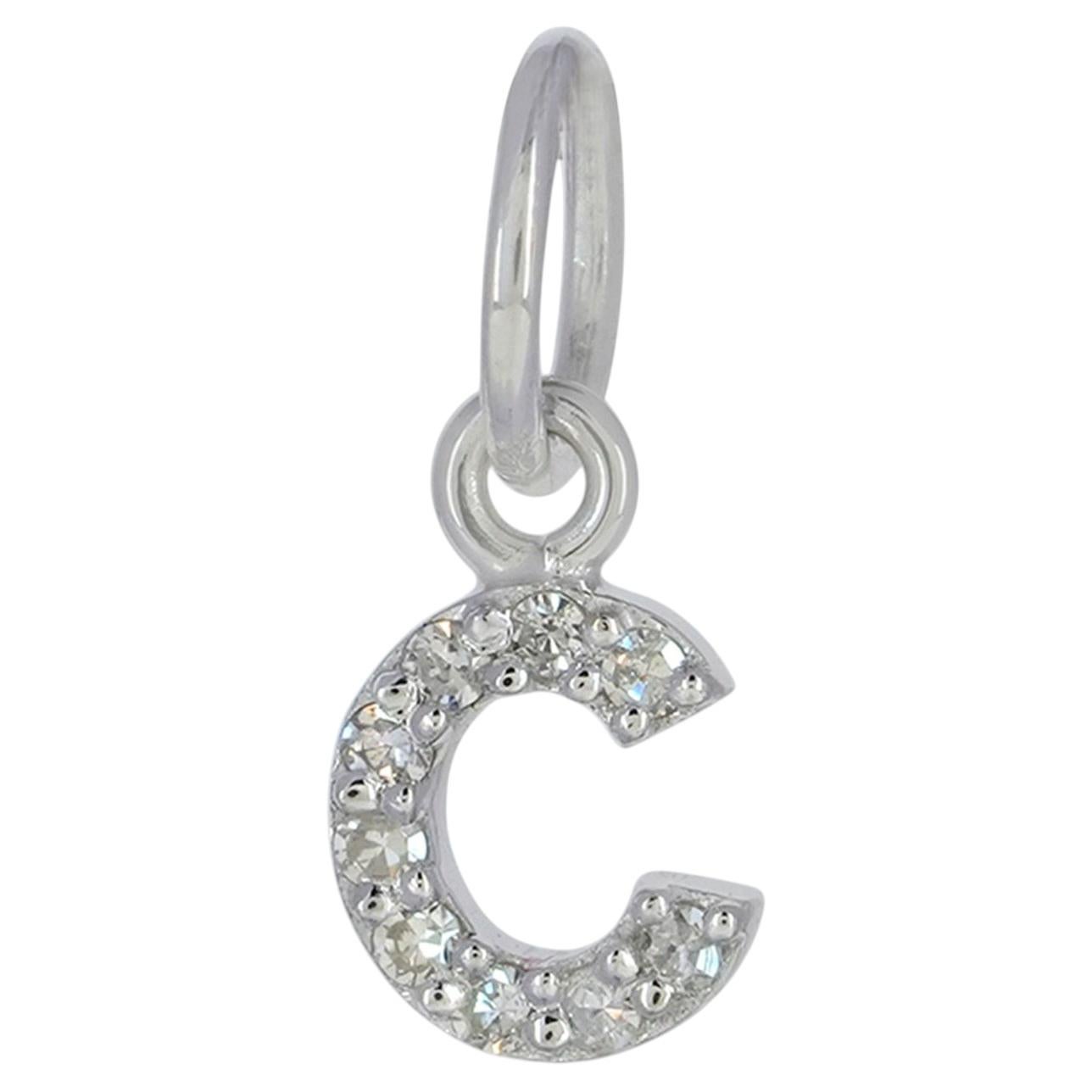 Solid 14k White Gold Natural Diamond C Initial Letter Charm Small Dainty Pendant