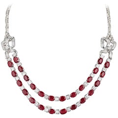 Solid 18 Karat White Gold Natural Diamond Oval Shaped Ruby Necklace G-H Color