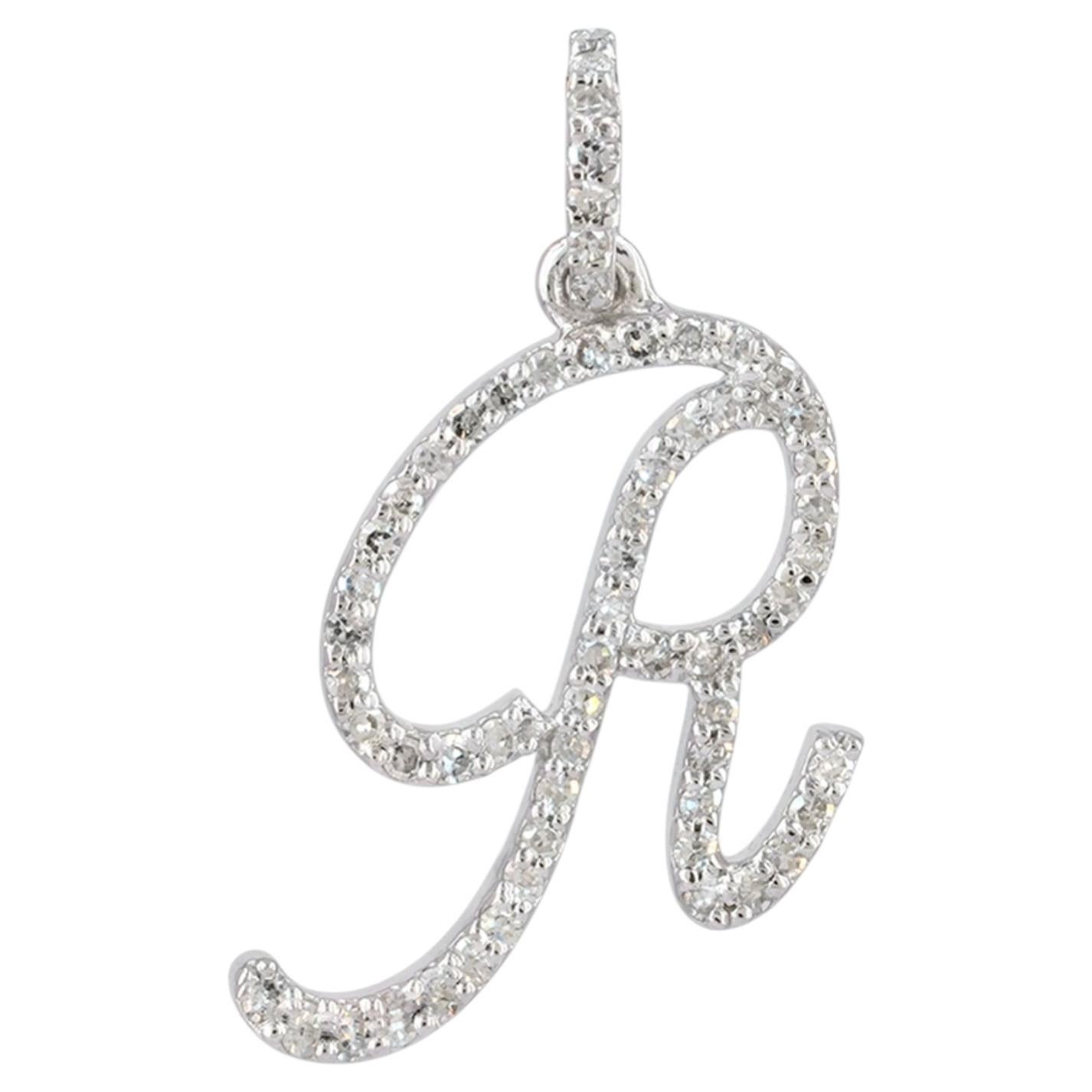 Solid 14k White Gold Natural Diamond R Initial Personalised Pendant Fine Jewelry For Sale