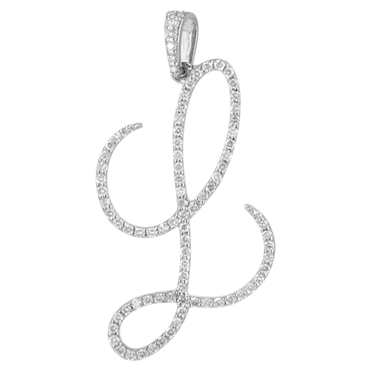 Solid 14k White Gold Natural H/Si White Diamond L Alphabet Letter Charm Pendant