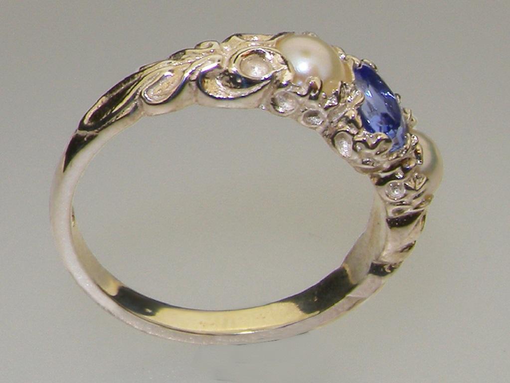 For Sale:  Solid 14K White Gold Natural Tanzanite & Pearl Womens Trilogy Ring Customizable 3