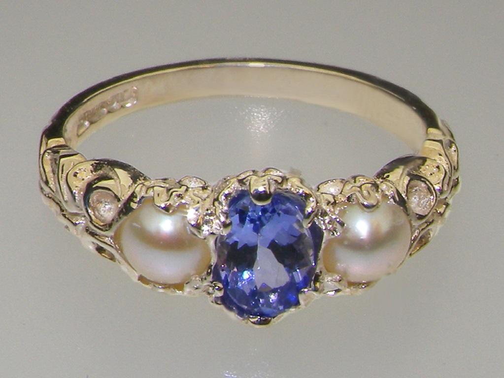 For Sale:  Solid 14K White Gold Natural Tanzanite & Pearl Womens Trilogy Ring Customizable 5