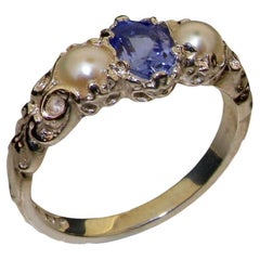 Solid 14K White Gold Natural Tanzanite & Pearl Womens Trilogy Ring Customizable