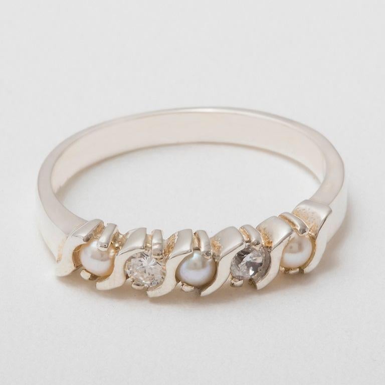 For Sale:  Solid 14k White Gold Pearl & Diamond womens Eternity Ring Customizable 4