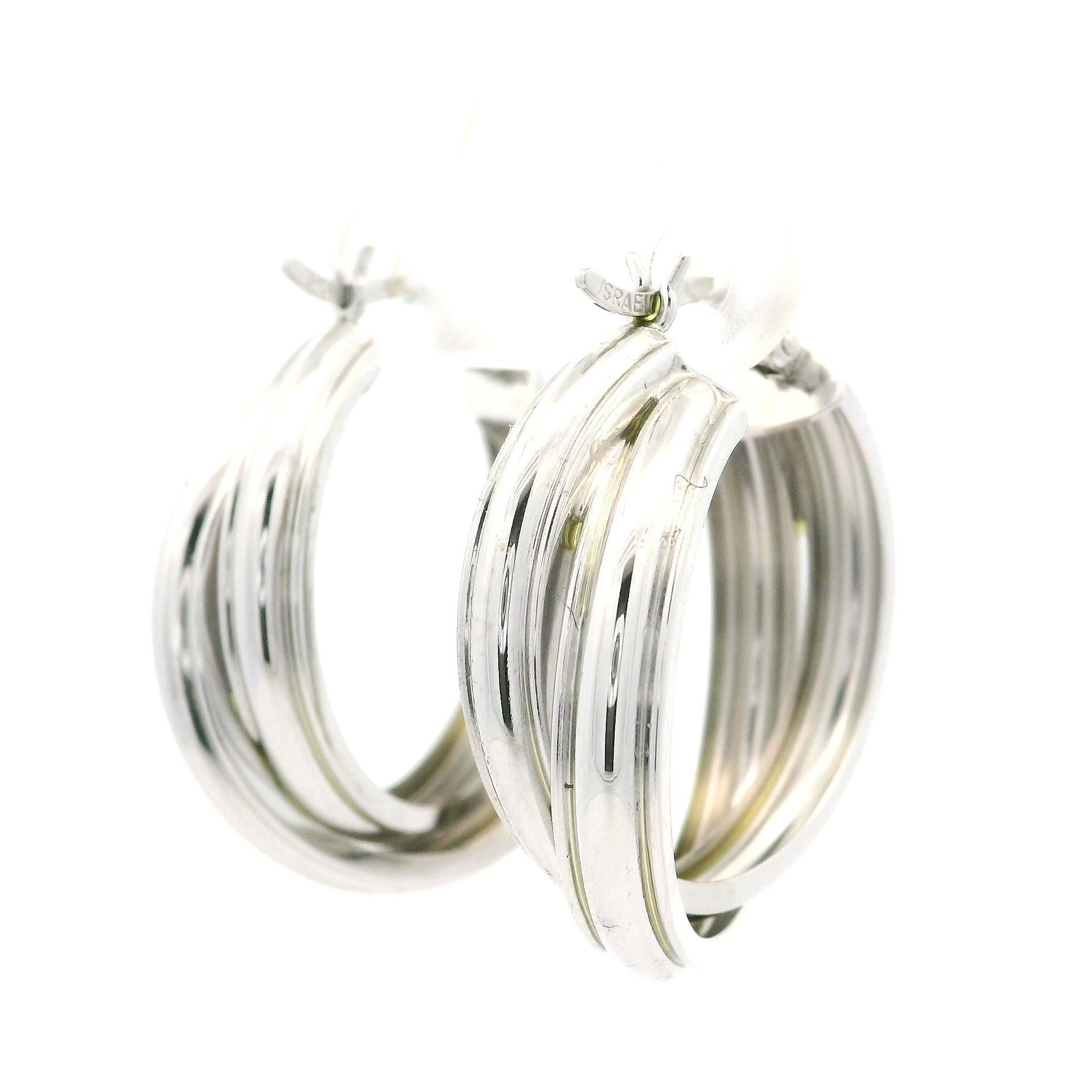 Donna Solid 14k White Gold Polished Overlapping Dual Hoop Stack Look Snap Earrings in vendita