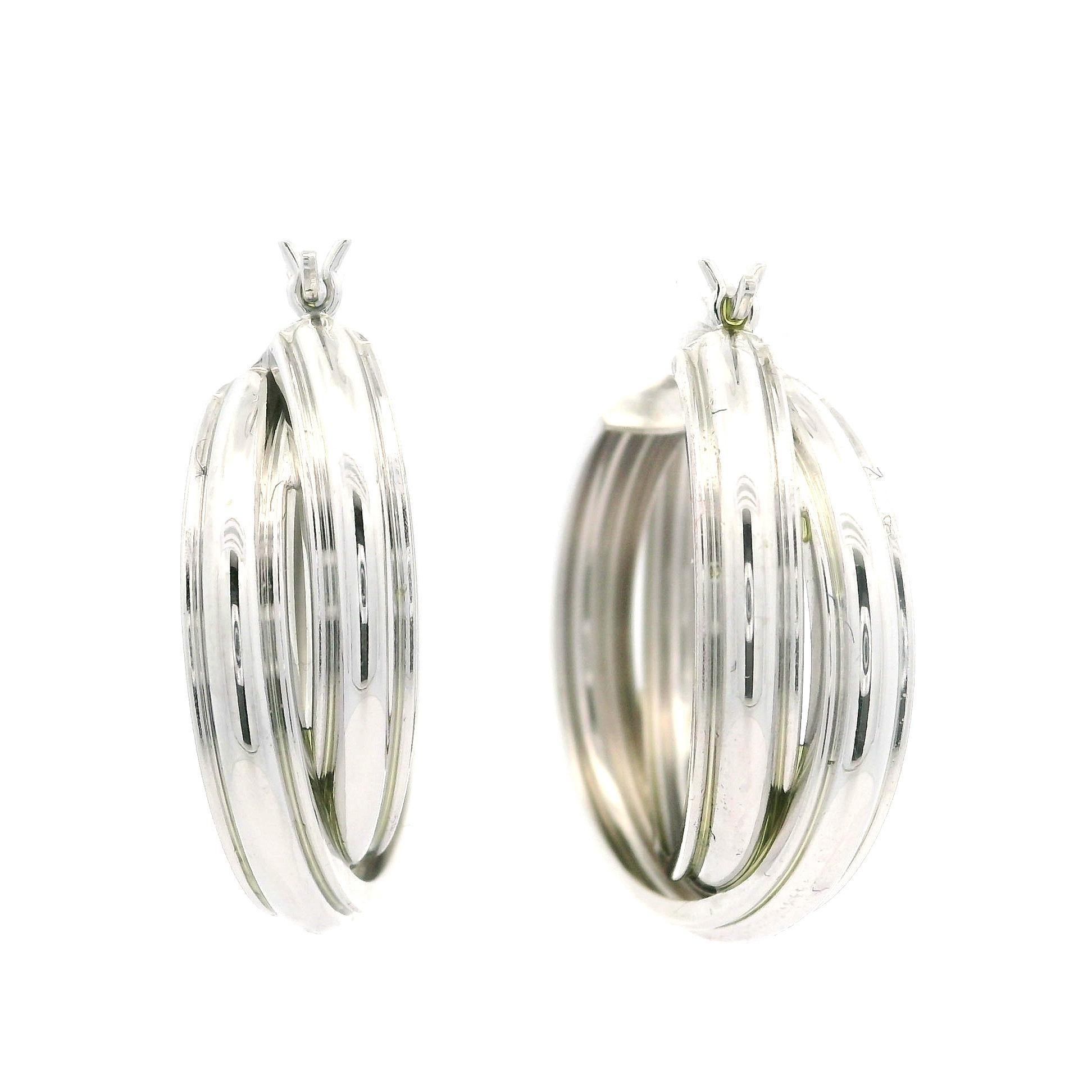 Solid 14k White Gold Polished Overlapping Dual Hoop Stack Look Snap Earrings in vendita 2