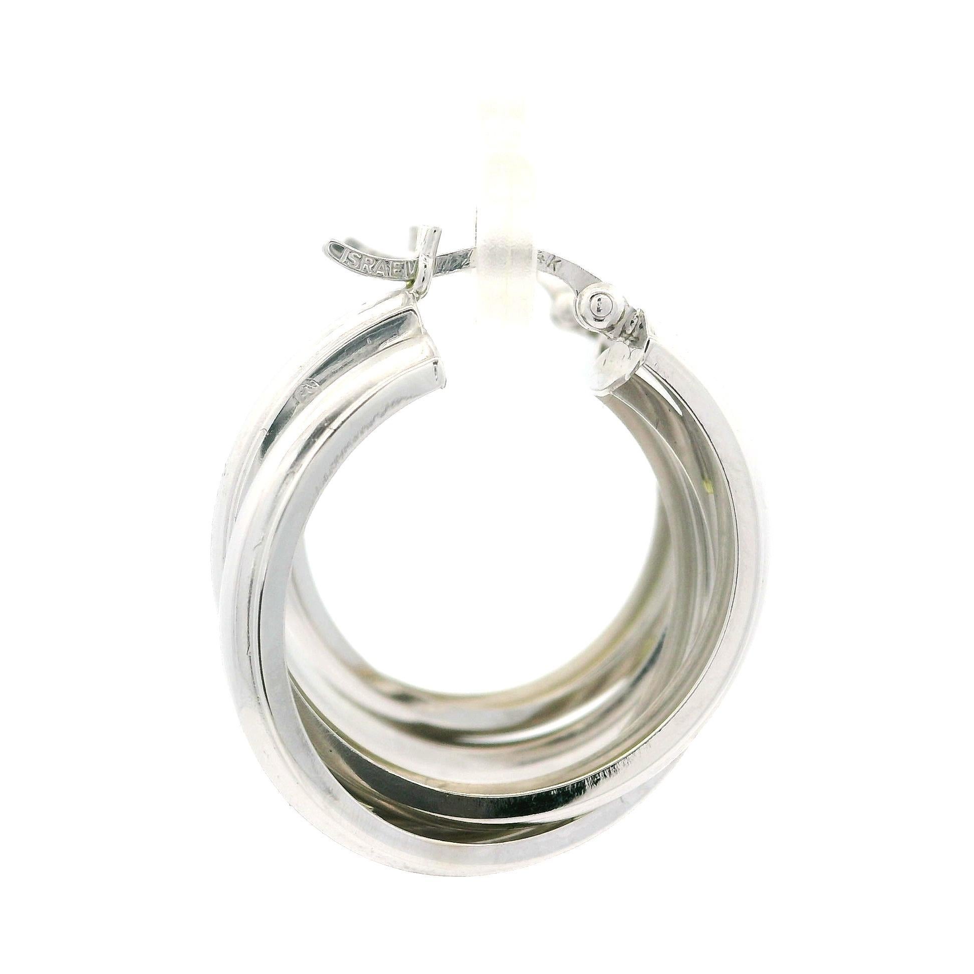 Solid 14k White Gold Polished Overlapping Dual Hoop Stack Look Snap Earrings in vendita 3