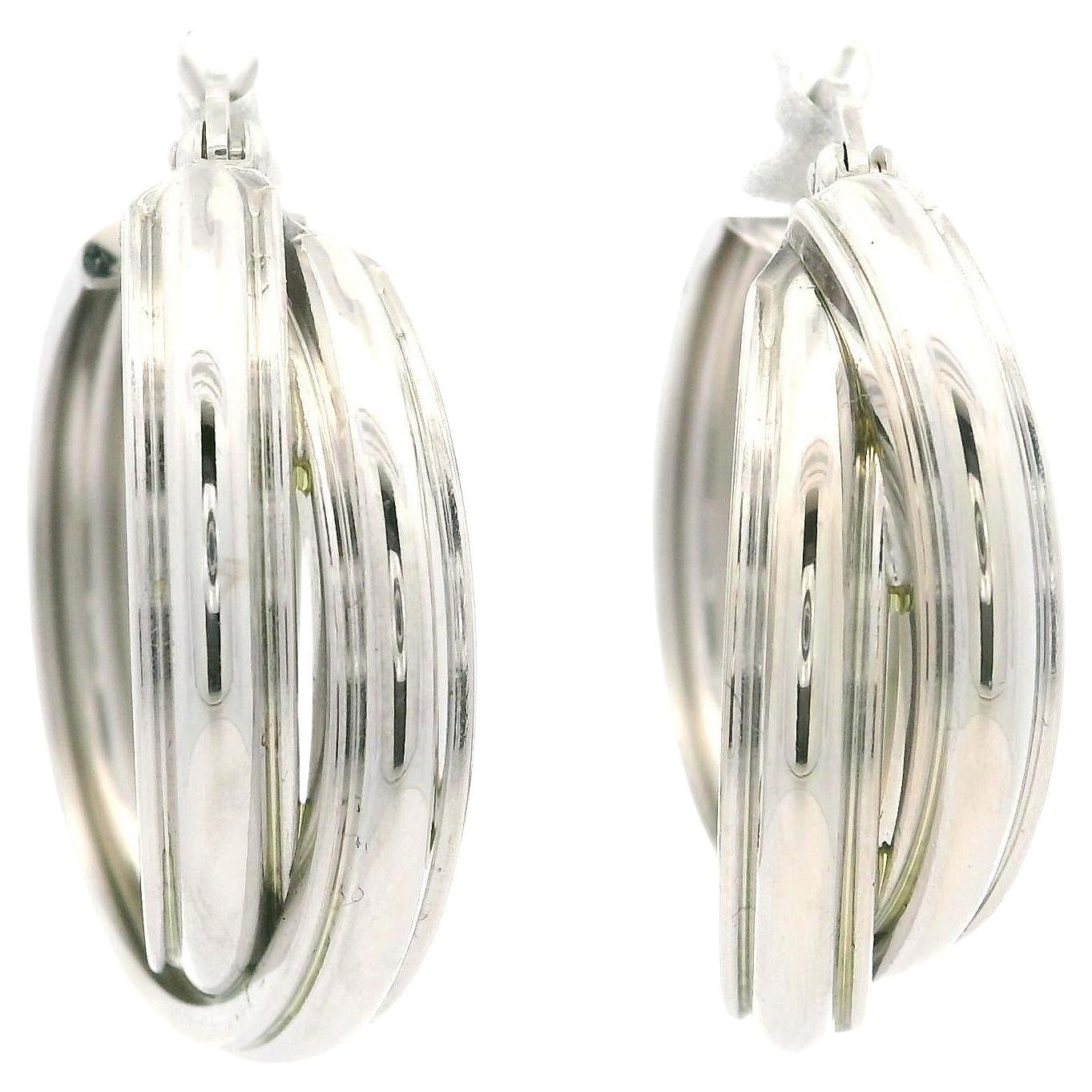 Solid 14k White Gold Polished Overlapping Dual Hoop Stack Look Snap Earrings in vendita