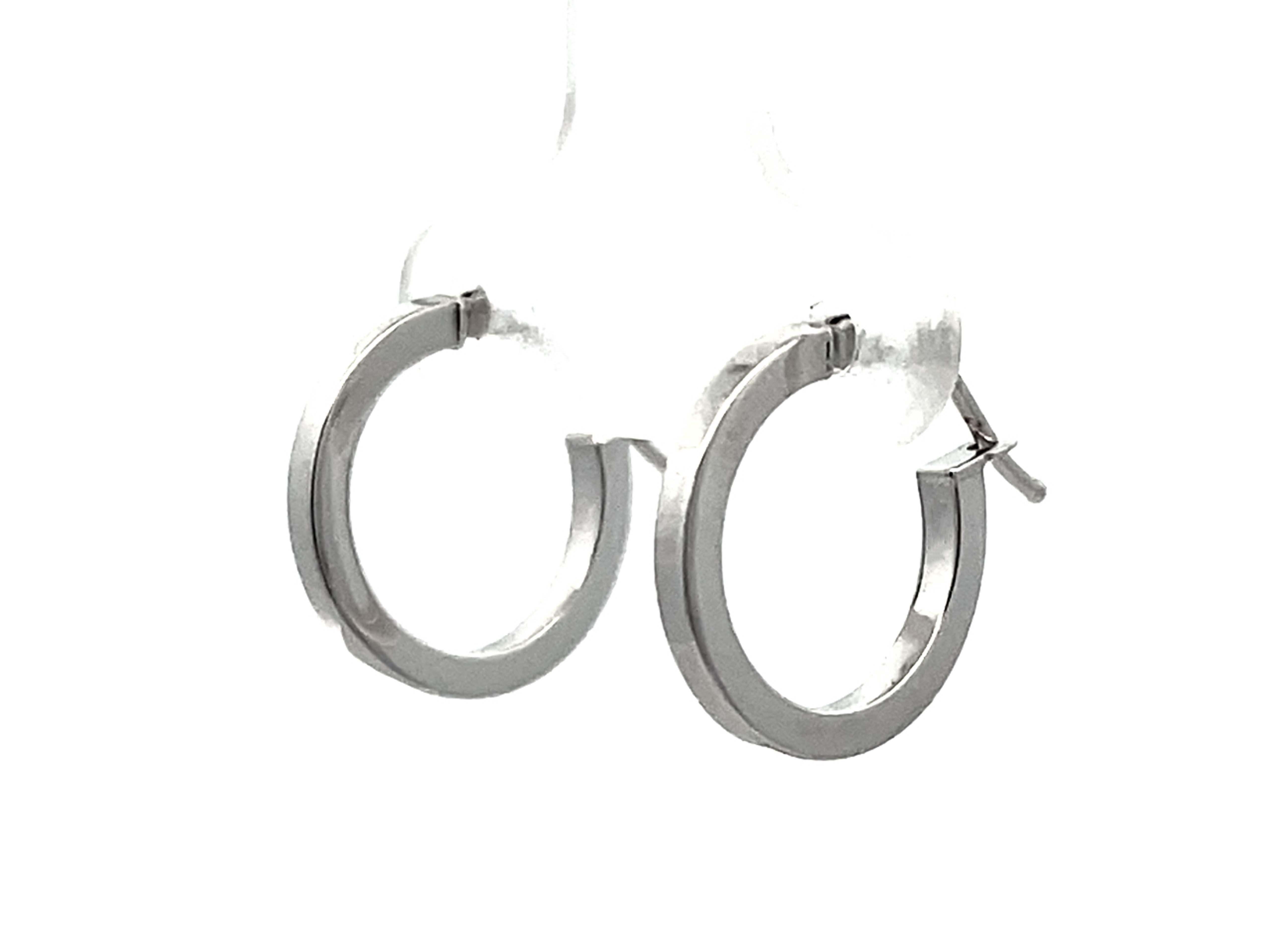Women's Solid 14K White Gold Small Flat Hoop Earrings For Sale