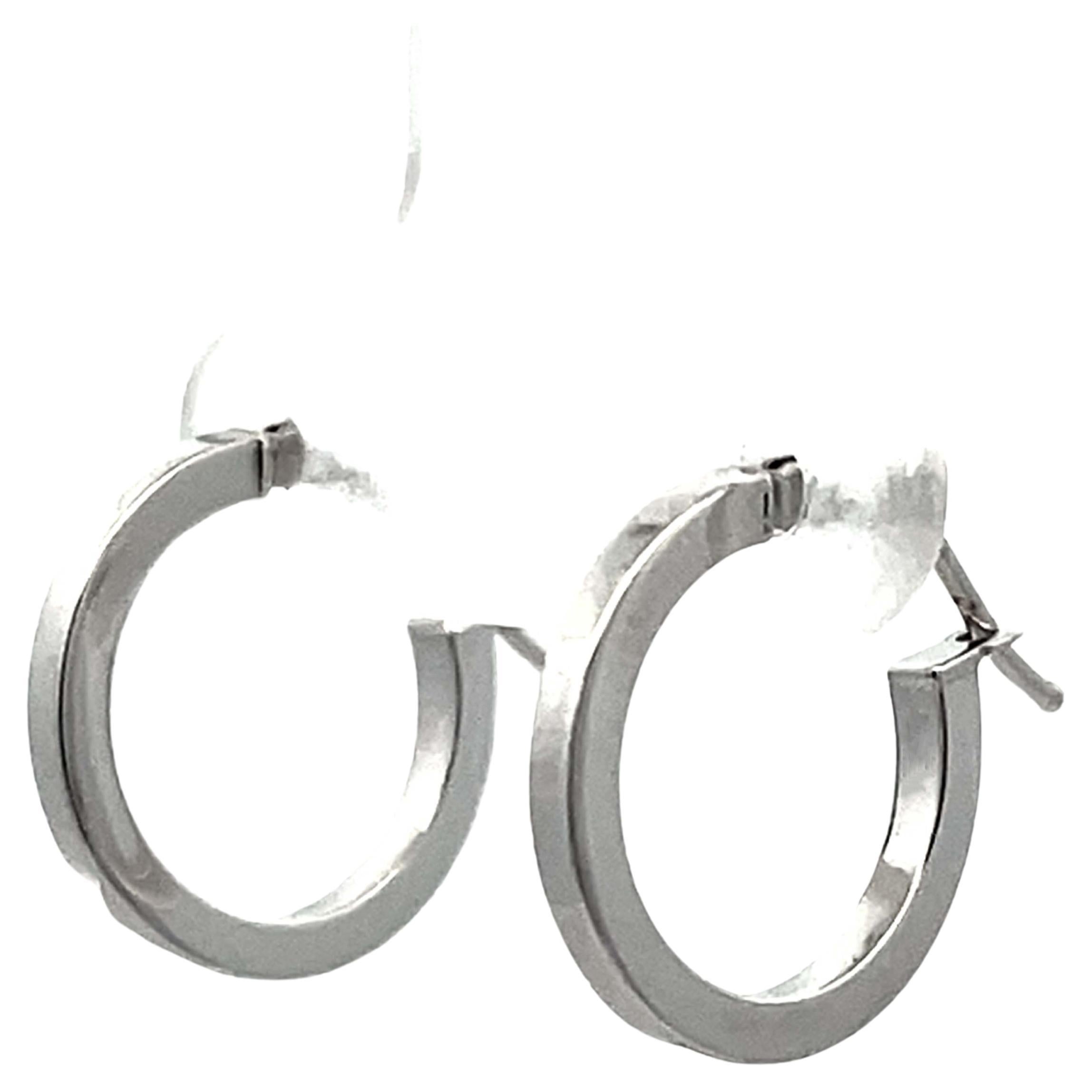 Solid 14K White Gold Small Flat Hoop Earrings For Sale