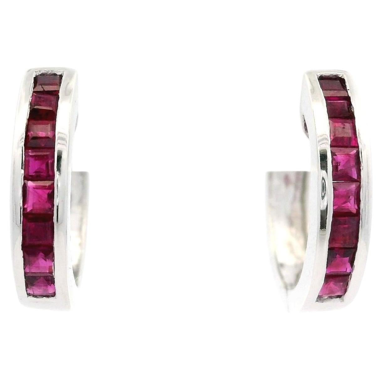 Solid 14k White Gold Square Channel Set Ruby Huggie Hoop Snap Earrings For Sale