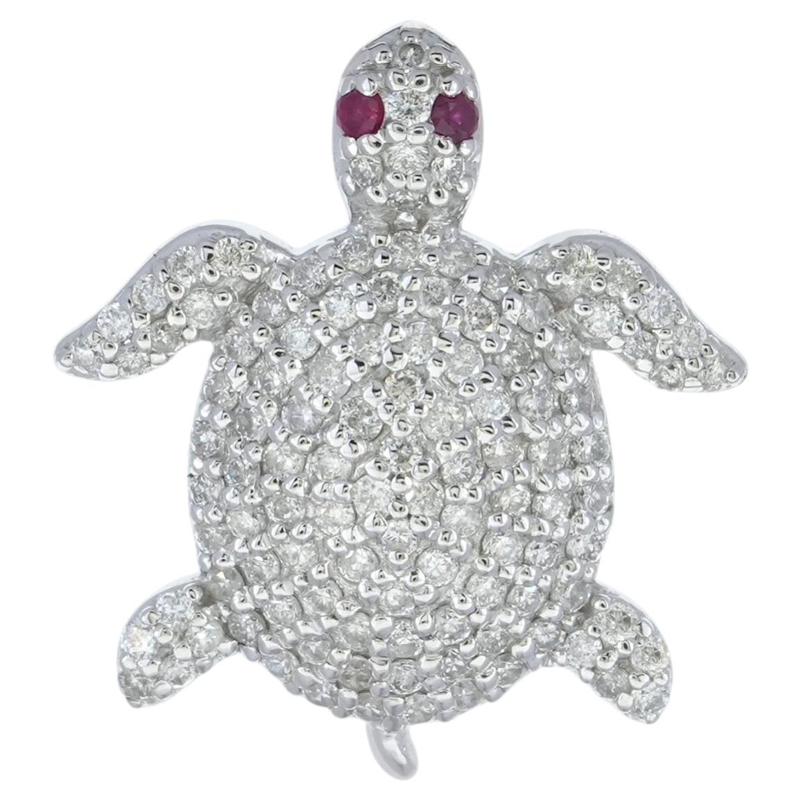 Solid 14k White Gold Tortoise Pendant Pave Diamond Natural Ruby Gemstone Jewelry For Sale