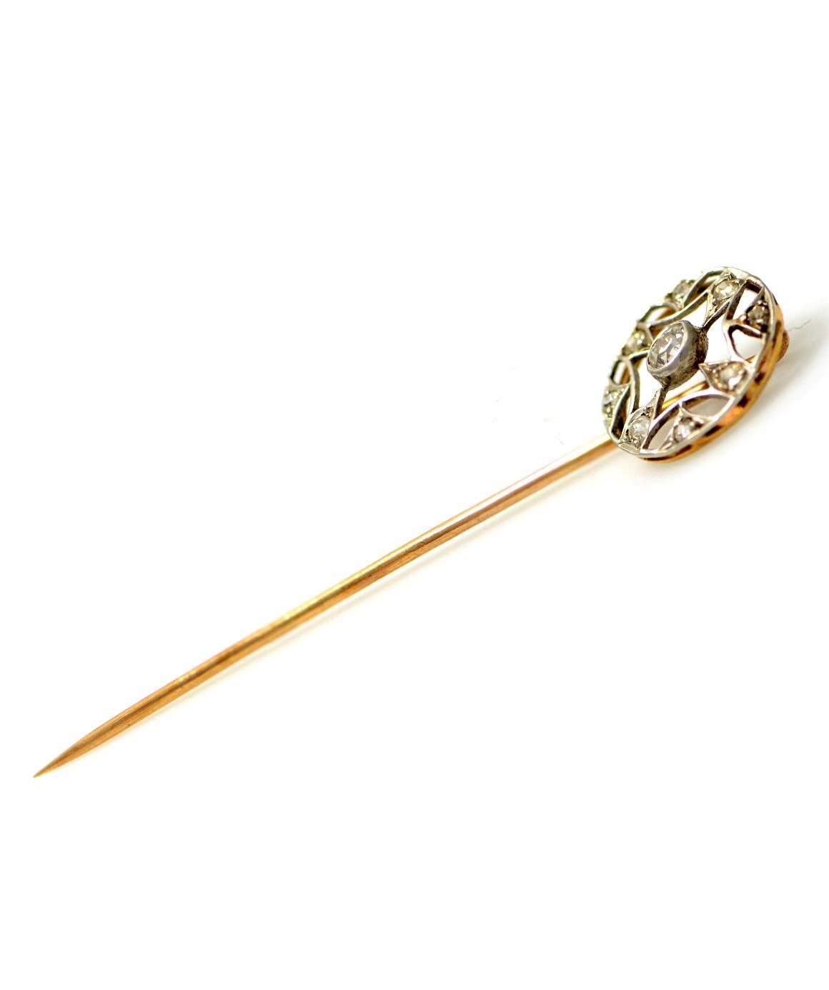 Solid 14 Karat White and Yellow Gold Antique Natural Diamond Stick Pin 1.7g In Excellent Condition In Manchester, NH