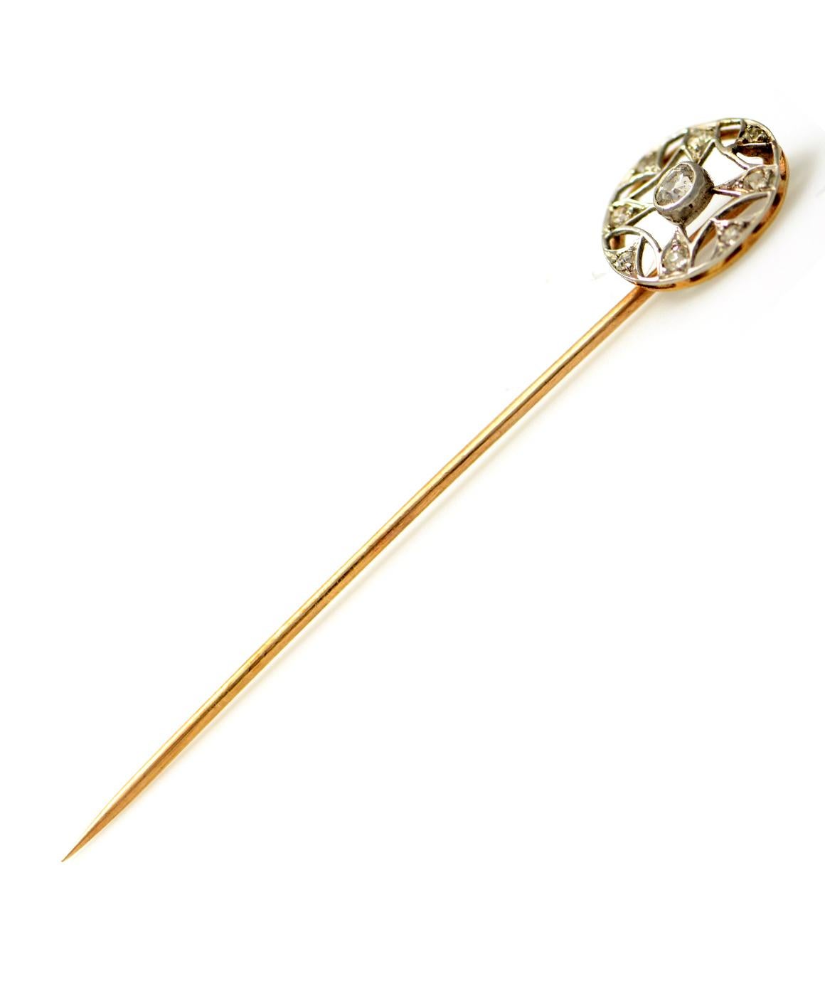 Women's or Men's Solid 14 Karat White and Yellow Gold Antique Natural Diamond Stick Pin 1.7g