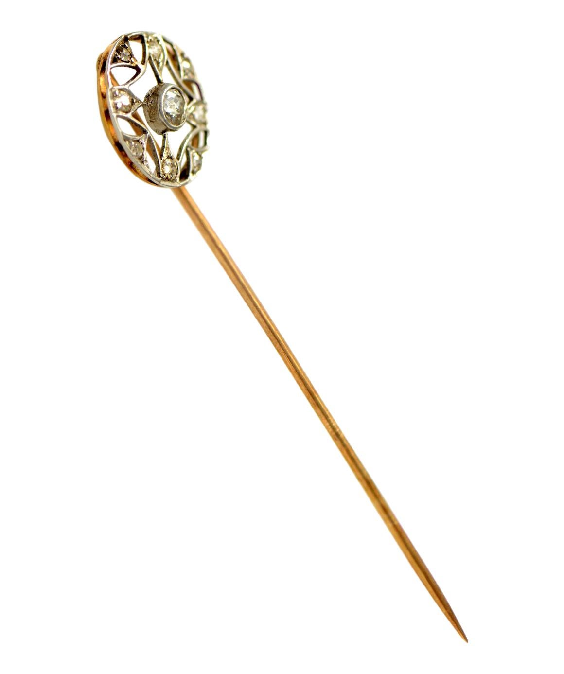 Solid 14 Karat White and Yellow Gold Antique Natural Diamond Stick Pin 1.7g