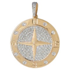 Colgante de brújula de oro amarillo macizo de 14k, joya artesanal con pavé de diamantes, dijes de viaje