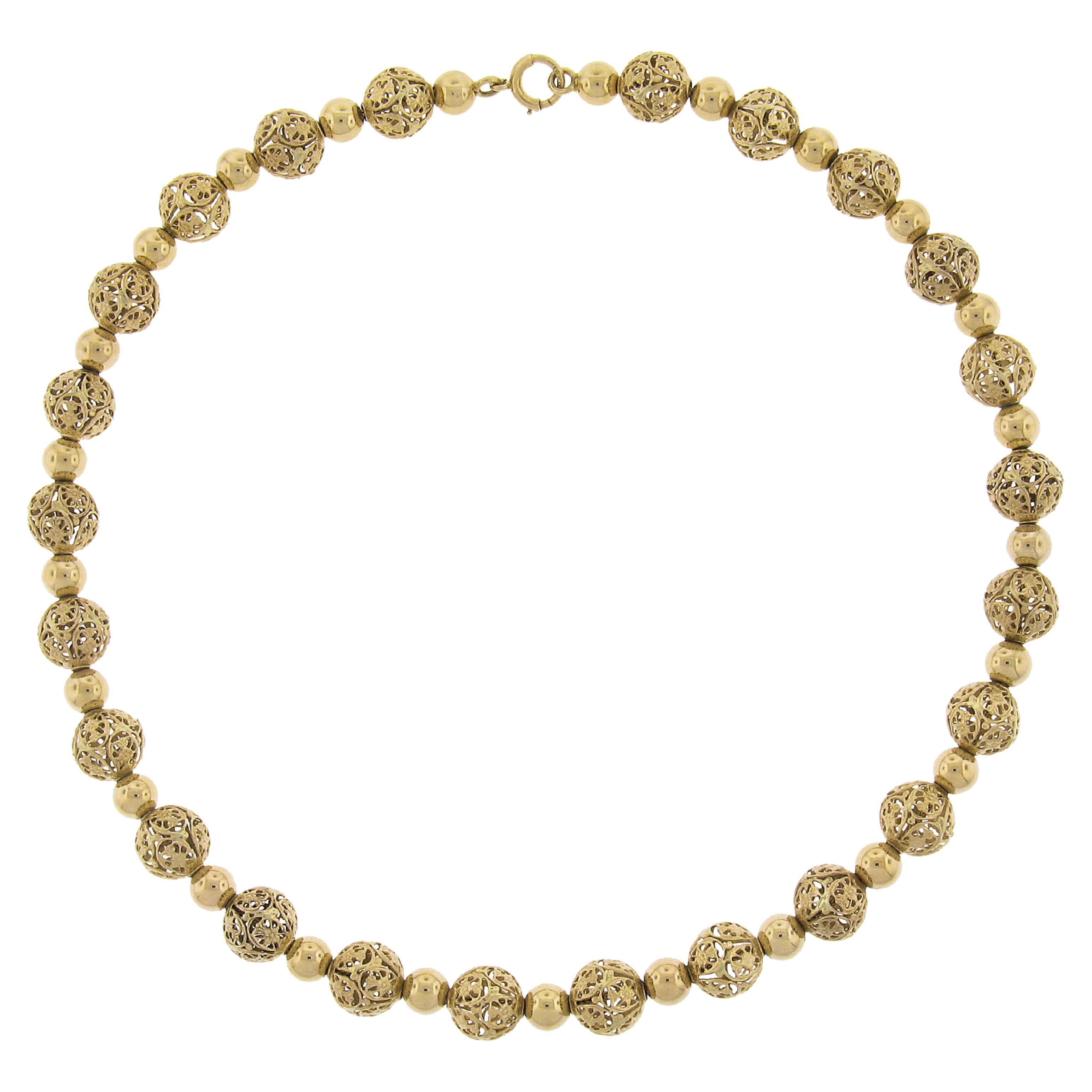 Statement-Halskette aus massivem 14k Gelbgold 15" Plain & Filigrane Kugelperlen-Glieder