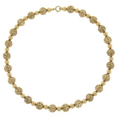 Solid 14k Yellow Gold 15" Plain & Filigree Ball Bead Link Statement Necklace