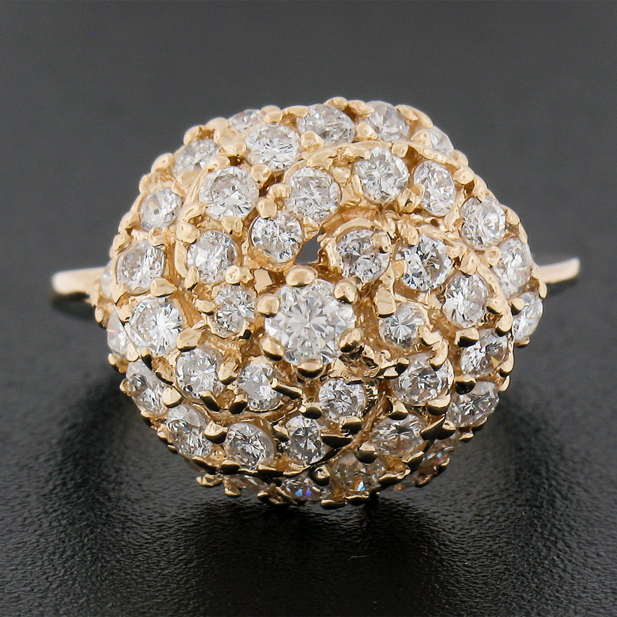 Round Cut Solid 14k Yellow Gold 1.55ctw Round Diamond Top High Swirl Domed Cocktail Ring For Sale
