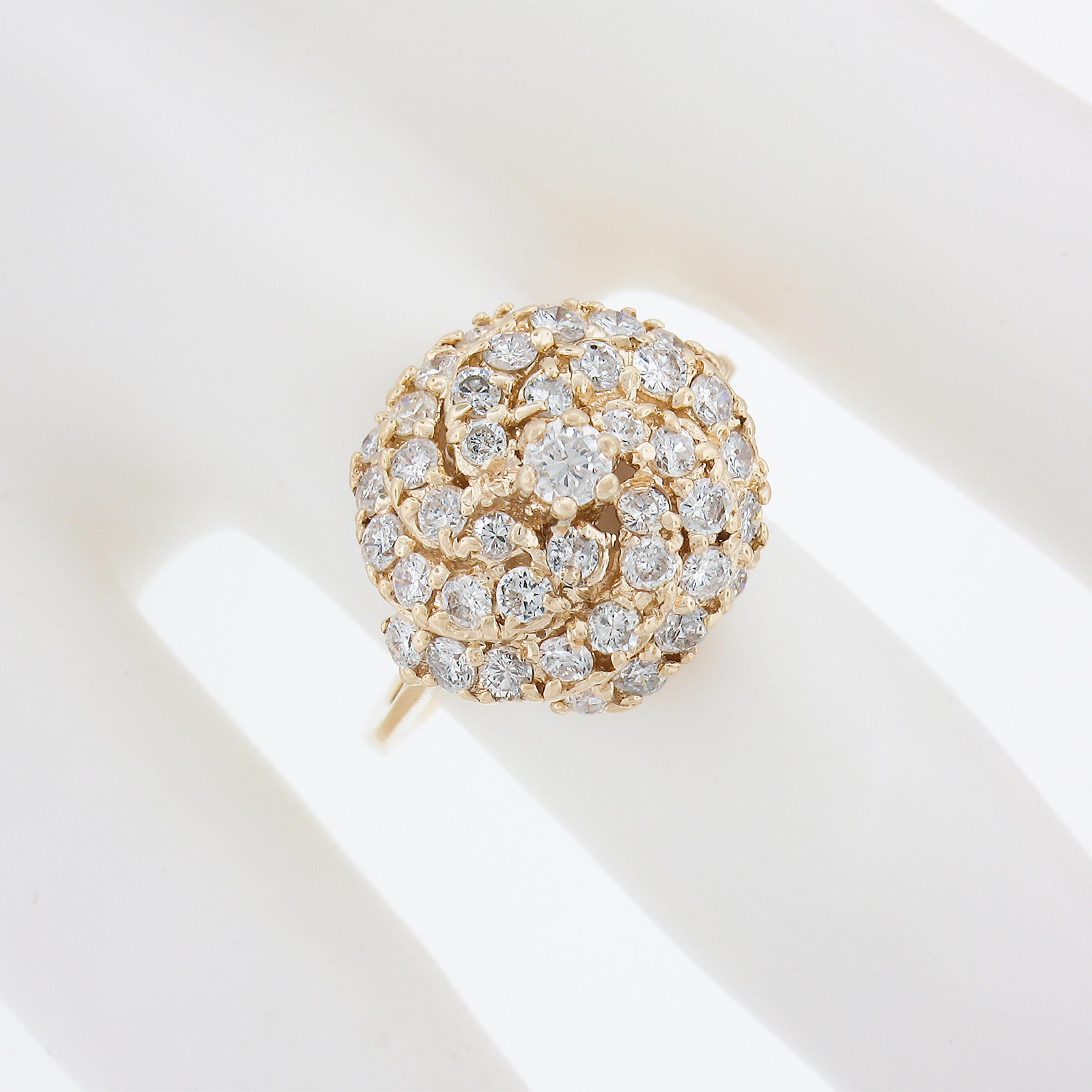 Solid 14k Yellow Gold 1.55ctw Round Diamond Top High Swirl Domed Cocktail Ring In Excellent Condition For Sale In Montclair, NJ