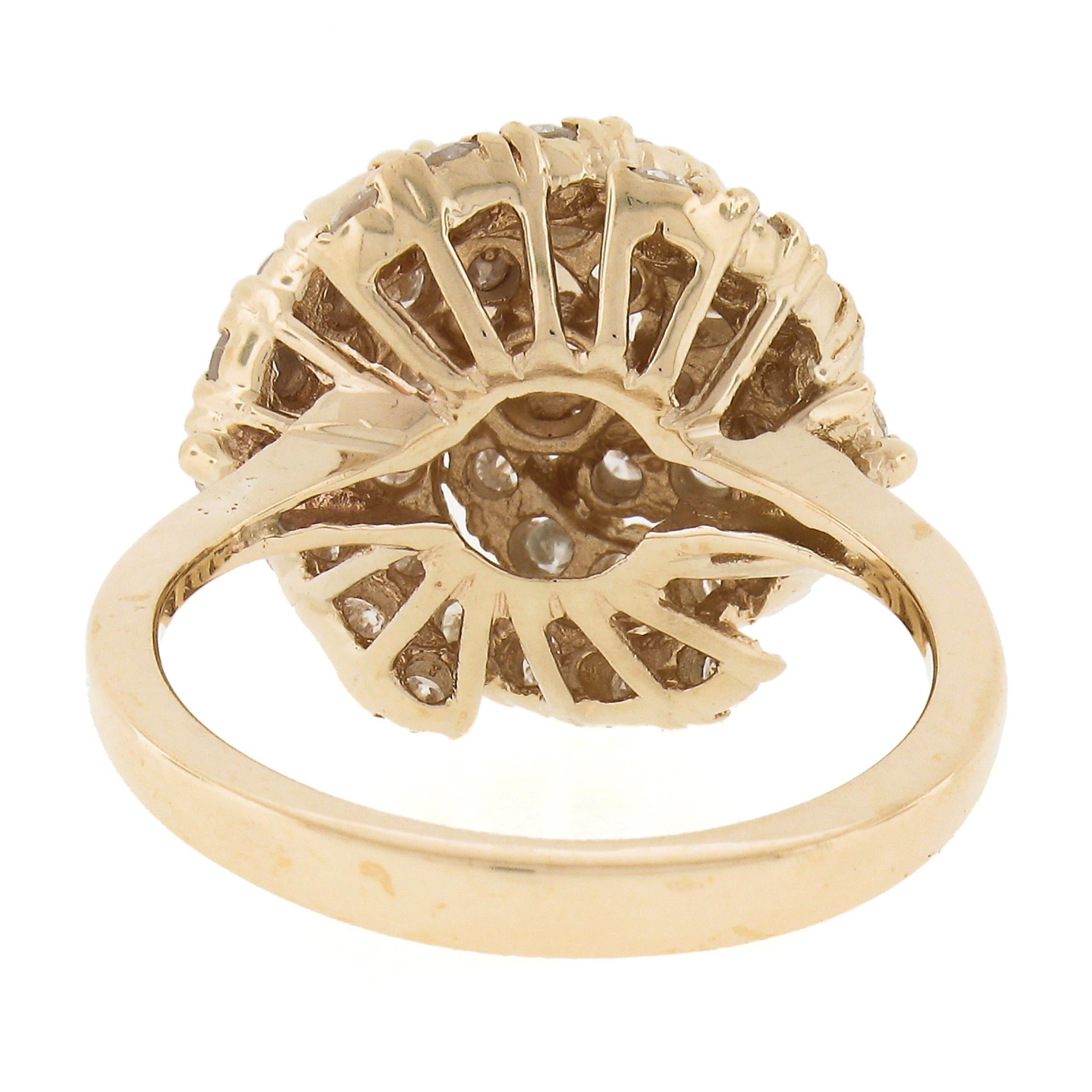 Solid 14k Yellow Gold 1.55ctw Round Diamond Top High Swirl Domed Cocktail Ring For Sale 2