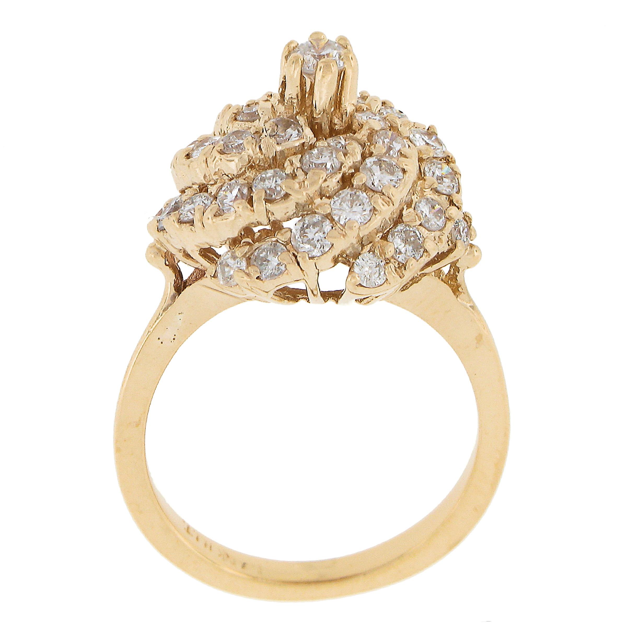 Solid 14k Yellow Gold 1.55ctw Round Diamond Top High Swirl Domed Cocktail Ring For Sale 3