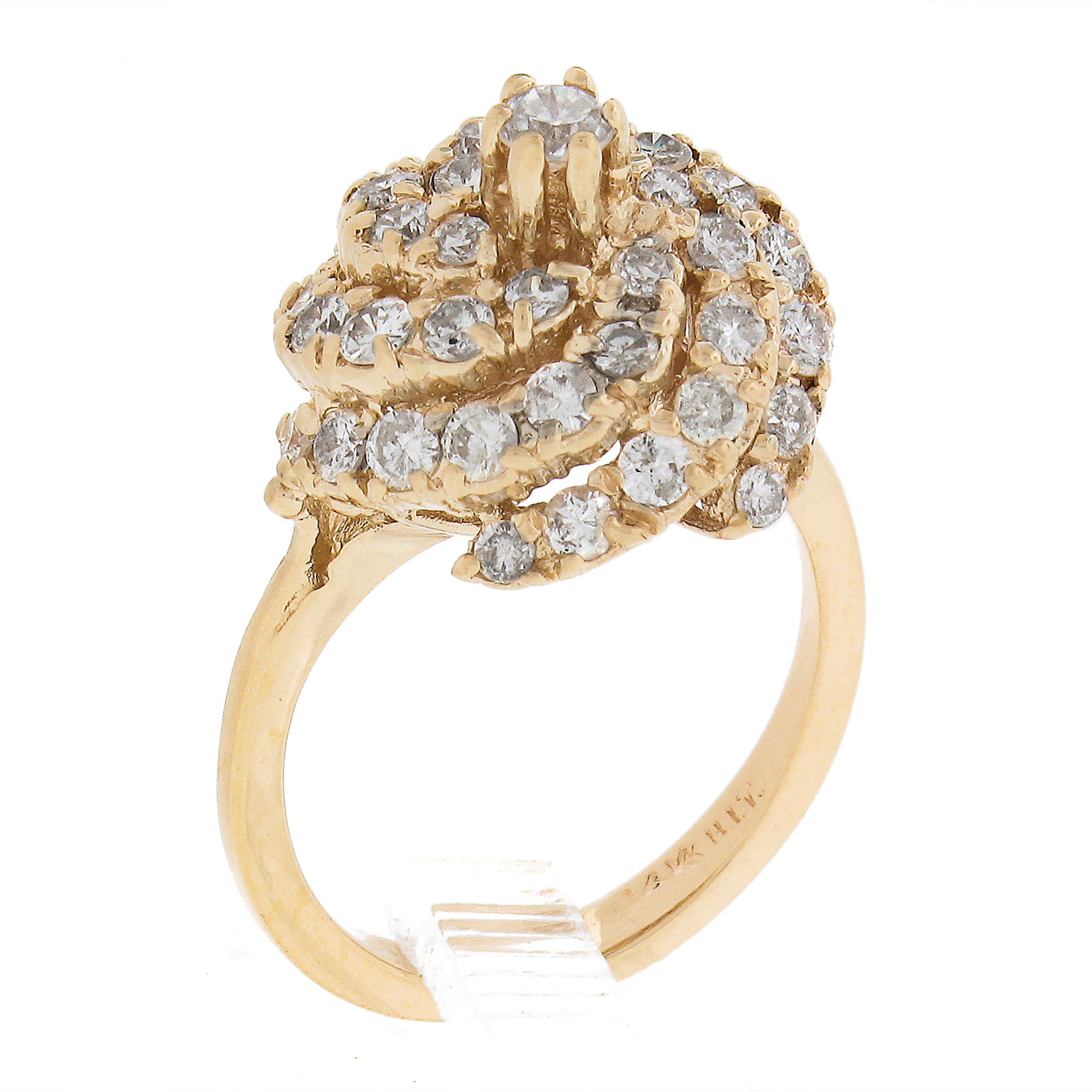 Solid 14k Yellow Gold 1.55ctw Round Diamond Top High Swirl Domed Cocktail Ring For Sale 4