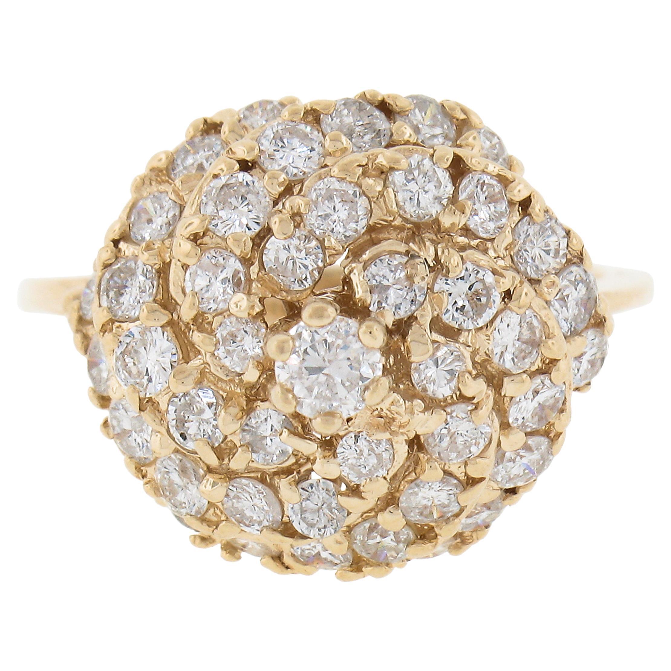 Solid 14k Yellow Gold 1.55ctw Round Diamond Top High Swirl Domed Cocktail Ring