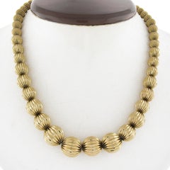 Solid 14k Yellow Gold 16" Graduated Grooved Ball Bead Link Statement Necklace