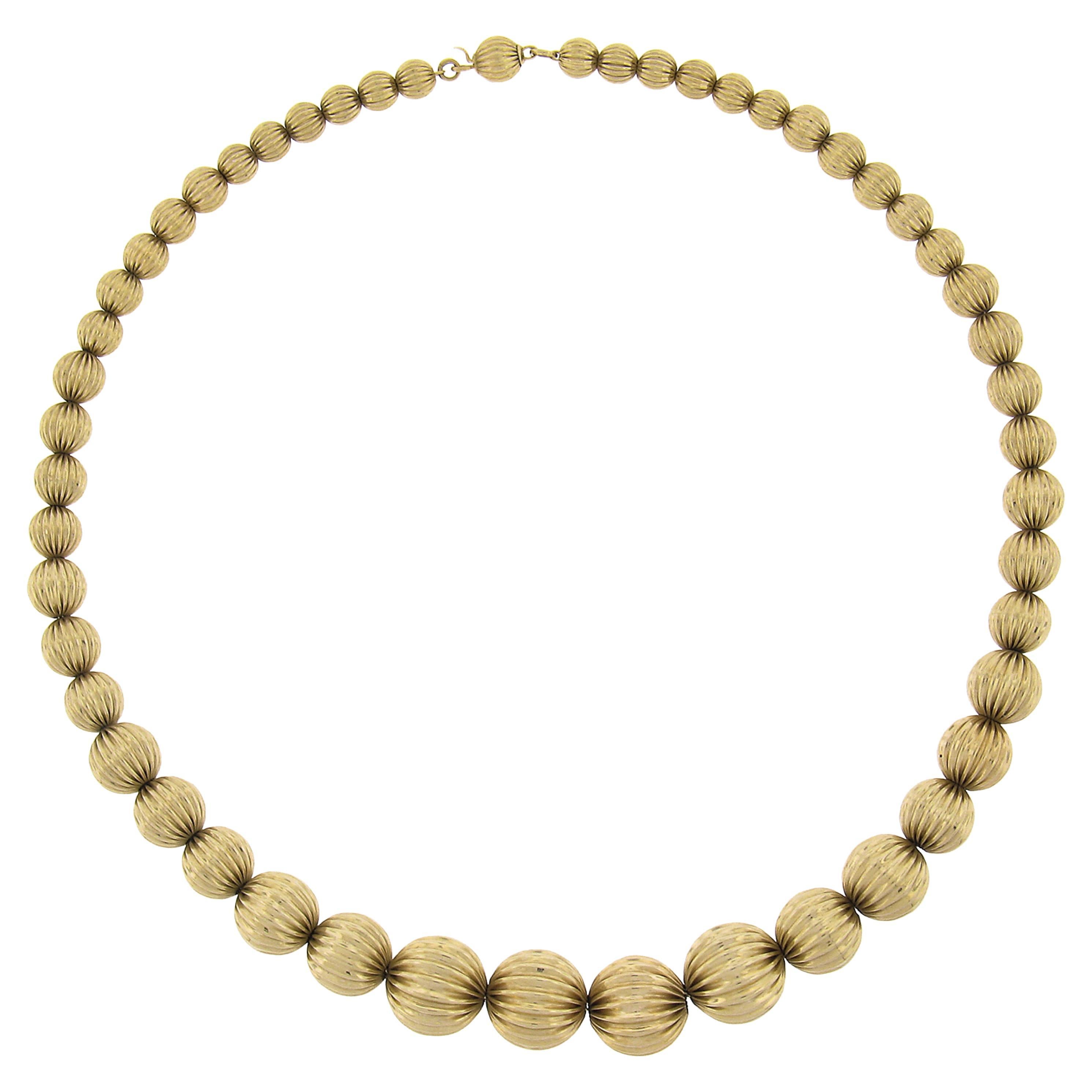 Solid 14k Yellow Gold 16" Graduated Grooved Ball Bead Link Statement Necklace For Sale