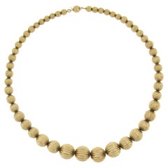 Solid 14k Yellow Gold 16" Graduated Grooved Ball Bead Link Statement Necklace