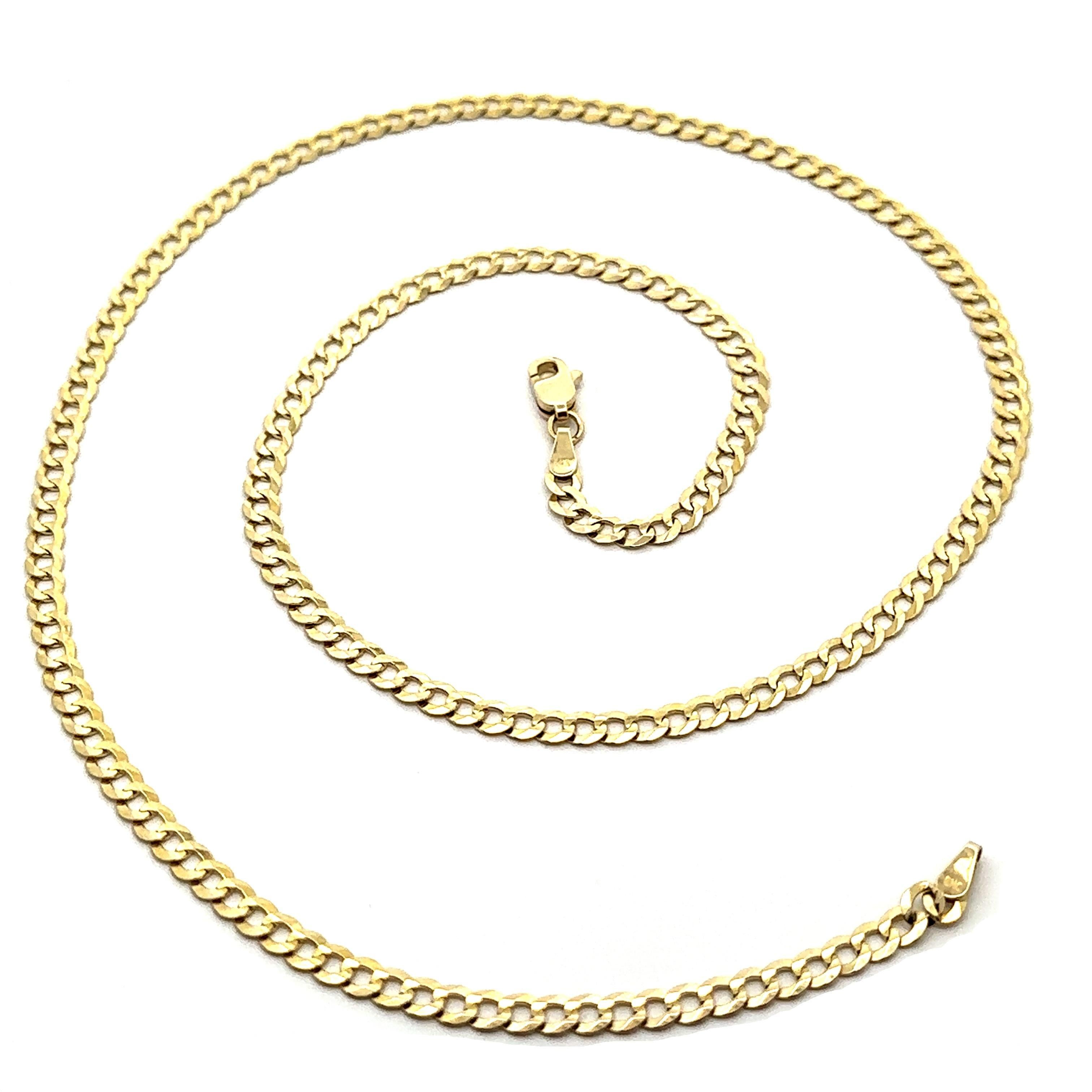 MATERIAL : Or jaune 14k massif 
Poids : 7,47 grammes
Type de chaîne : Maillon cubain
Longueur de la chaîne : 20 pouces
Largeur de la chaîne : 3.6 mm (environ)
Fermoir : Griffe de homard
Épaisseur : 0,8 mm
Épaisseur et largeur de la boucle : 2,3 mm