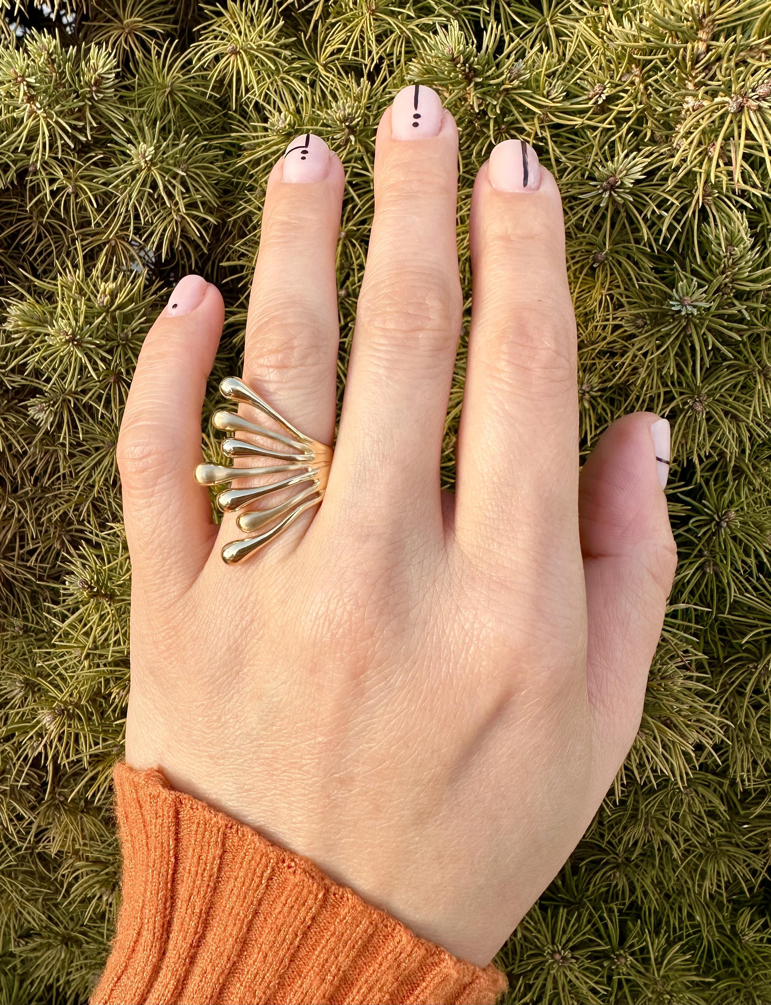 Solid 14k Yellow Gold 30.7mm Wide Dual Finish Abstract Full Finger Ring For Sale 4