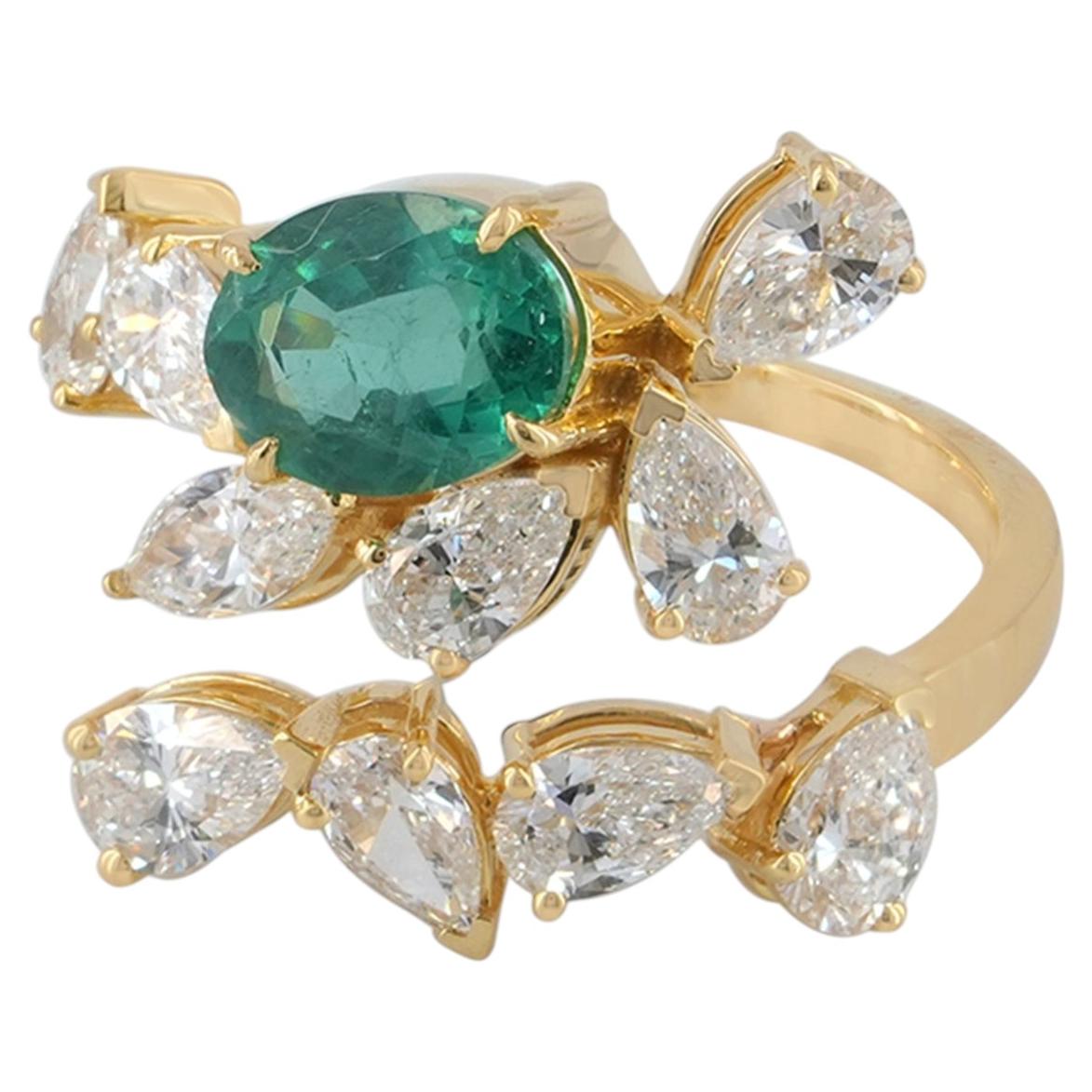Solid 14k Yellow Gold 3.67 TCW Natural Diamond Emerald Bypass Open Ring