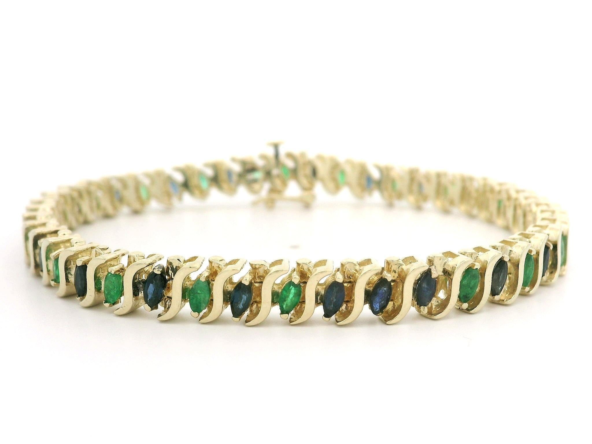Marquise Cut Solid 14k Yellow Gold 3ctw Marquise Emerald & Sapphire S Link Bracelet For Sale