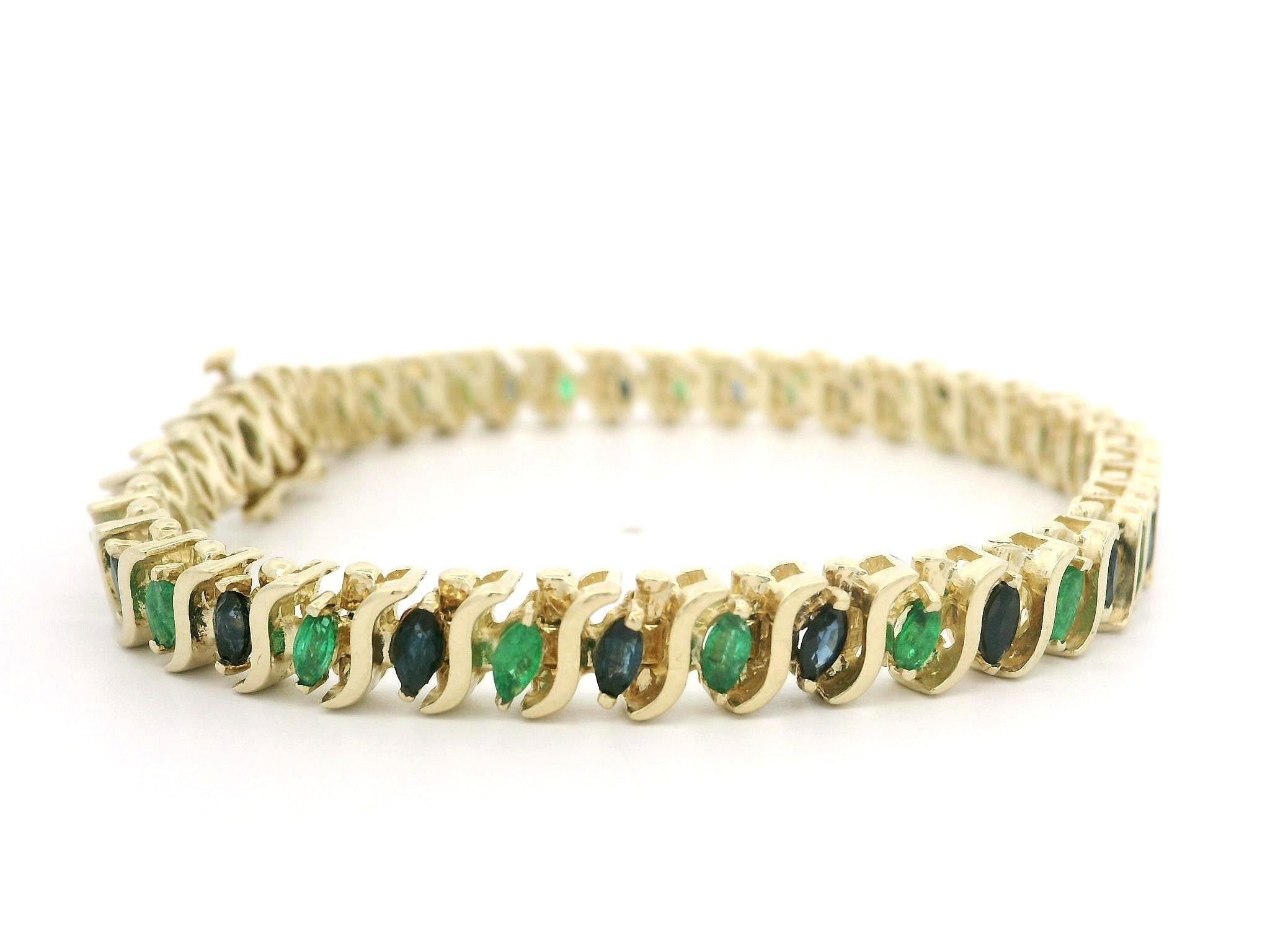 Solid 14k Yellow Gold 3ctw Marquise Emerald & Sapphire S Link Bracelet In Excellent Condition For Sale In Montclair, NJ