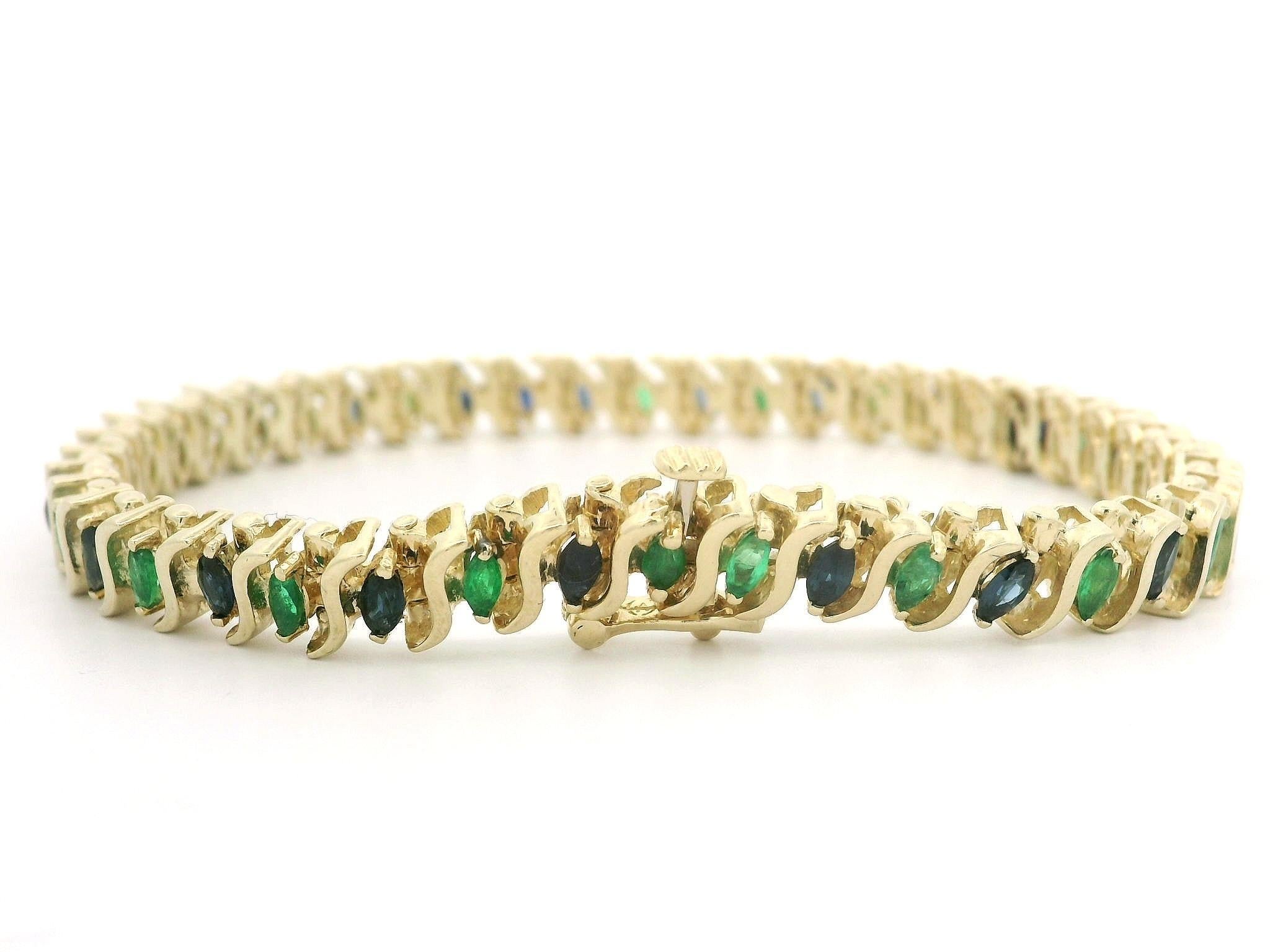 Women's Solid 14k Yellow Gold 3ctw Marquise Emerald & Sapphire S Link Bracelet For Sale