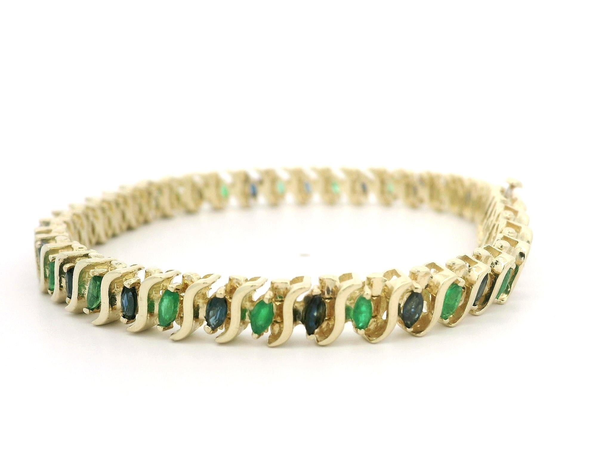 Solid 14k Yellow Gold 3ctw Marquise Emerald & Sapphire S Link Bracelet For Sale 1