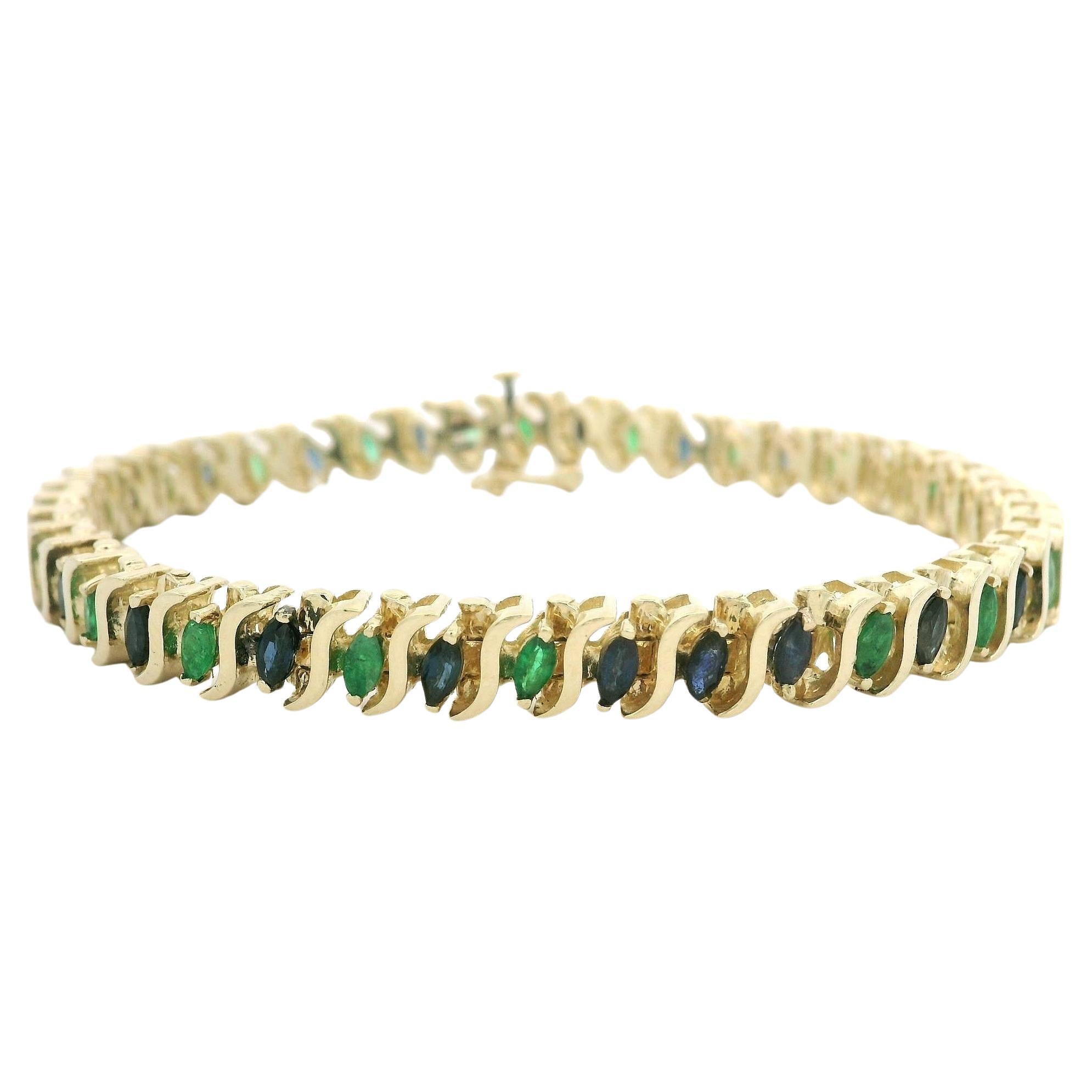 Solid 14k Yellow Gold 3ctw Marquise Emerald & Sapphire S Link Bracelet For Sale