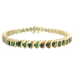 Solid 14k Yellow Gold 3ctw Marquise Emerald & Sapphire S Link Bracelet