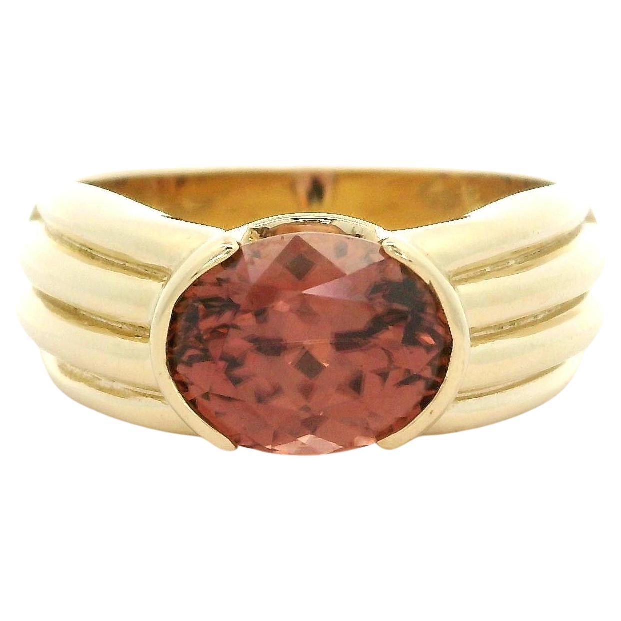 Bague en or jaune massif 14 carats avec zircon impérial rose orangé ovale 5,21 carats