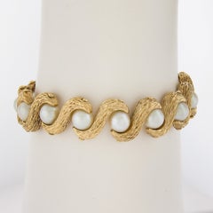 Solid 14K Yellow Gold 7mm Cultured Pearl Textured Finish 6.5" Link Bracelet