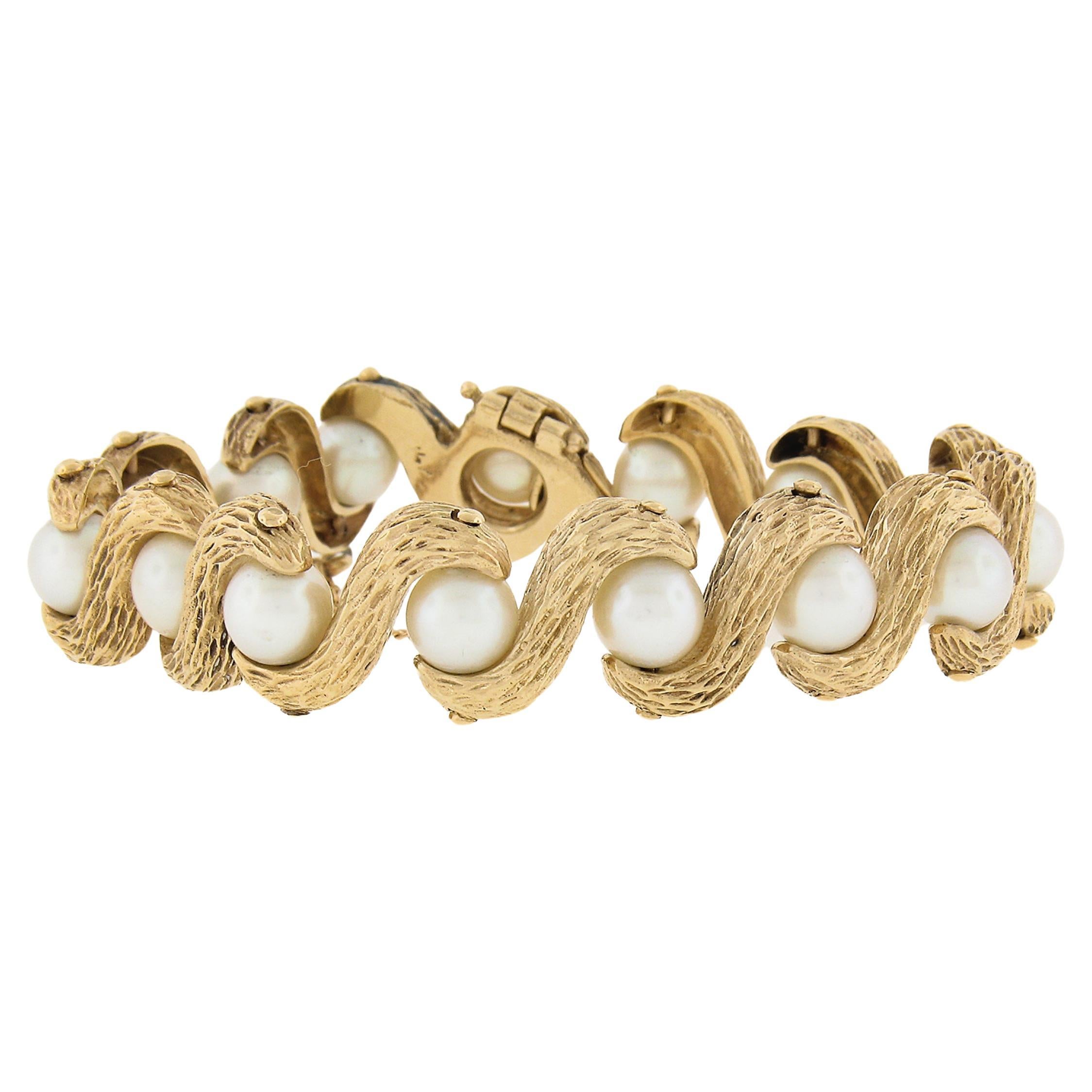 Bracelet à maillons 6,5" en or jaune massif 14 carats avec perles de culture de 7 mm, finition texturée