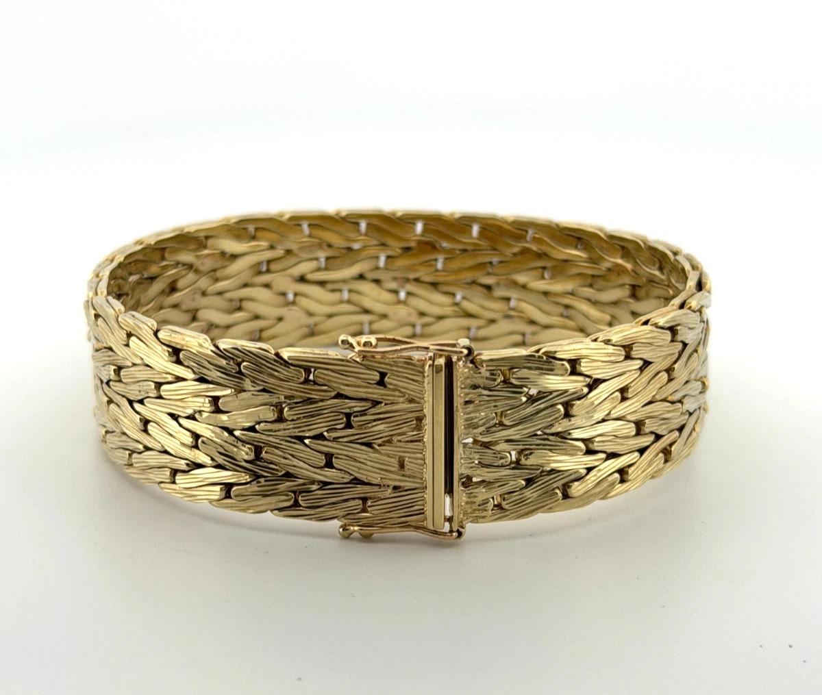 Bracelet à maillons texturés en or jaune massif 14K - 97.88 Grammes - 18mm de large - 7.5