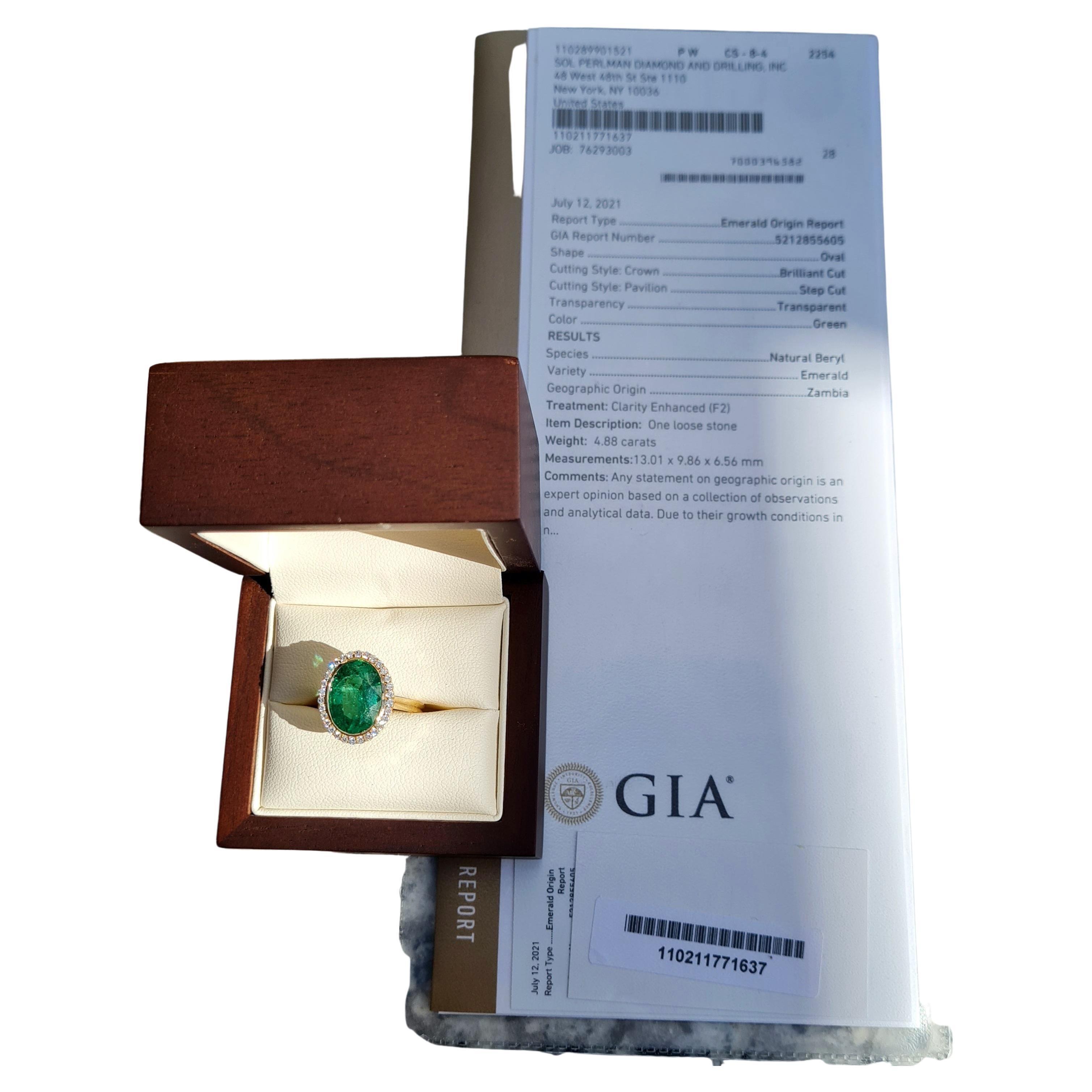 GIA-zertifizierter 5 Karat natürlicher sambischer Smaragd-Diamant-Verlobungsring (Ovalschliff) im Angebot