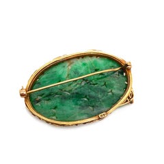 Solid 14 Karat Yellow Gold Antique Carved Detail Jade Brooch Pin 11.3g