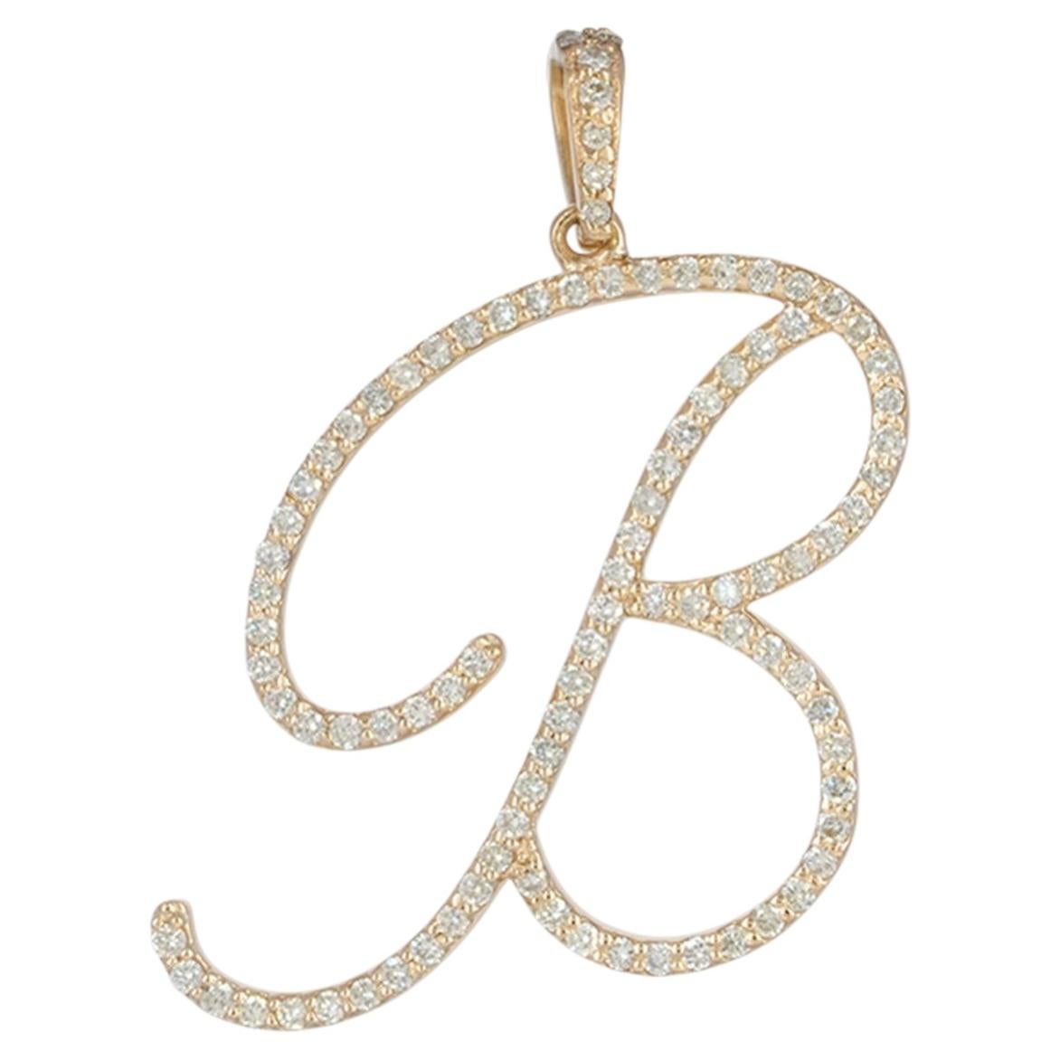 Solid 14K Yellow Gold B Initial Pendant Natural Diamond B Letter Charm Jewelry